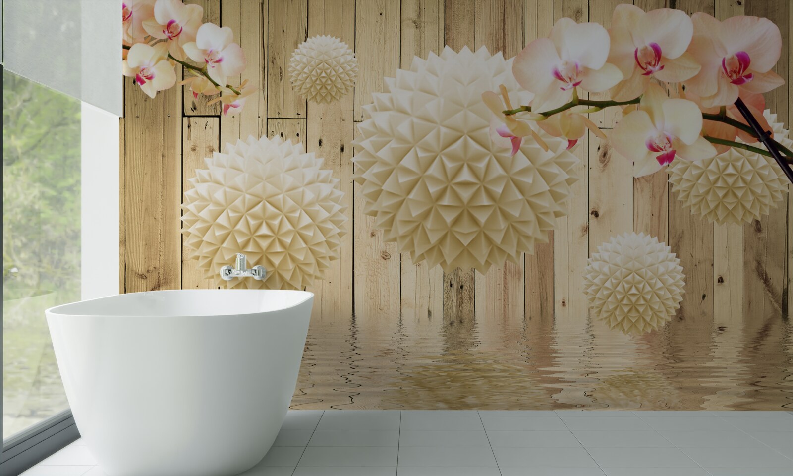 Фотошпалери плаваючі круглі форми з гілками орхідей