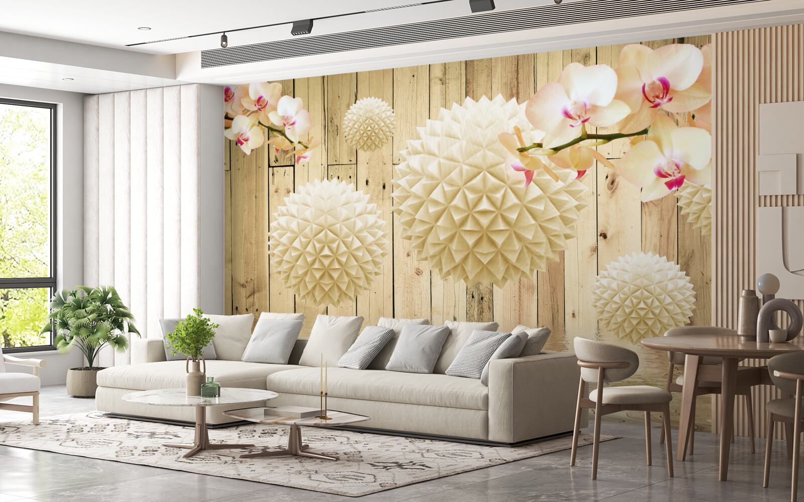 Фотошпалери плаваючі круглі форми з гілками орхідей