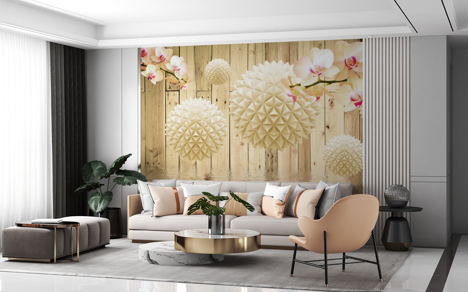 Фотошпалери плаваючі круглі форми з гілками орхідей