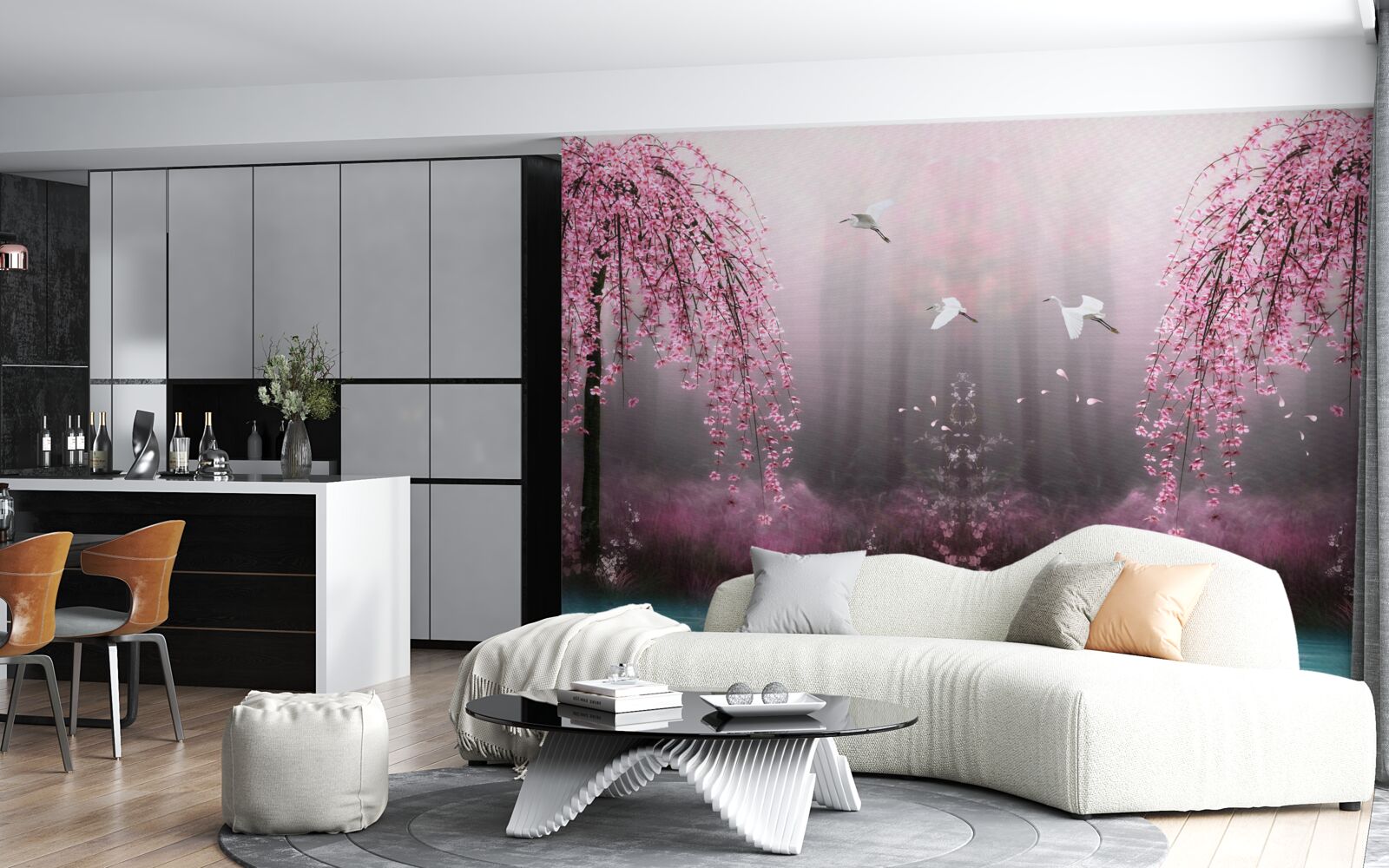 Фотошпалери Увечері, біля синюватої води, гілки сакури щільними рядами роблять пейзаж мальовничим