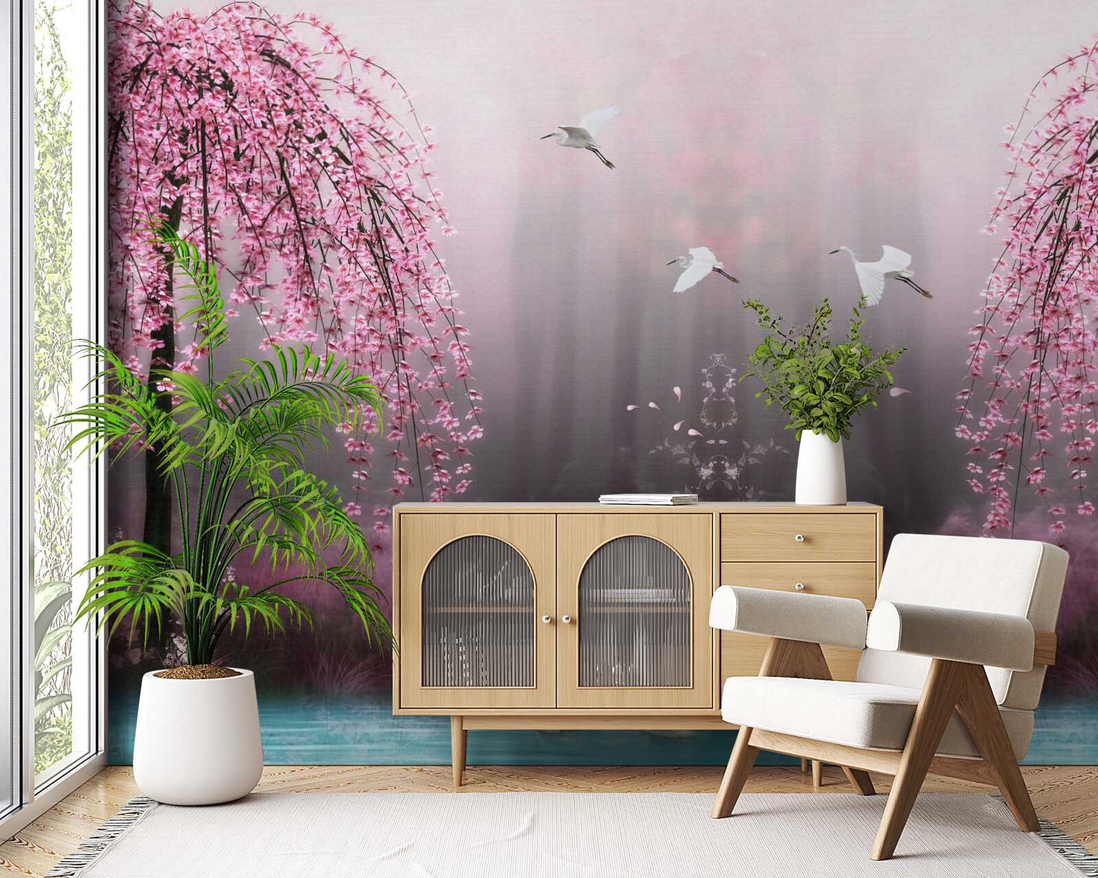 Фотошпалери Увечері, біля синюватої води, гілки сакури щільними рядами роблять пейзаж мальовничим