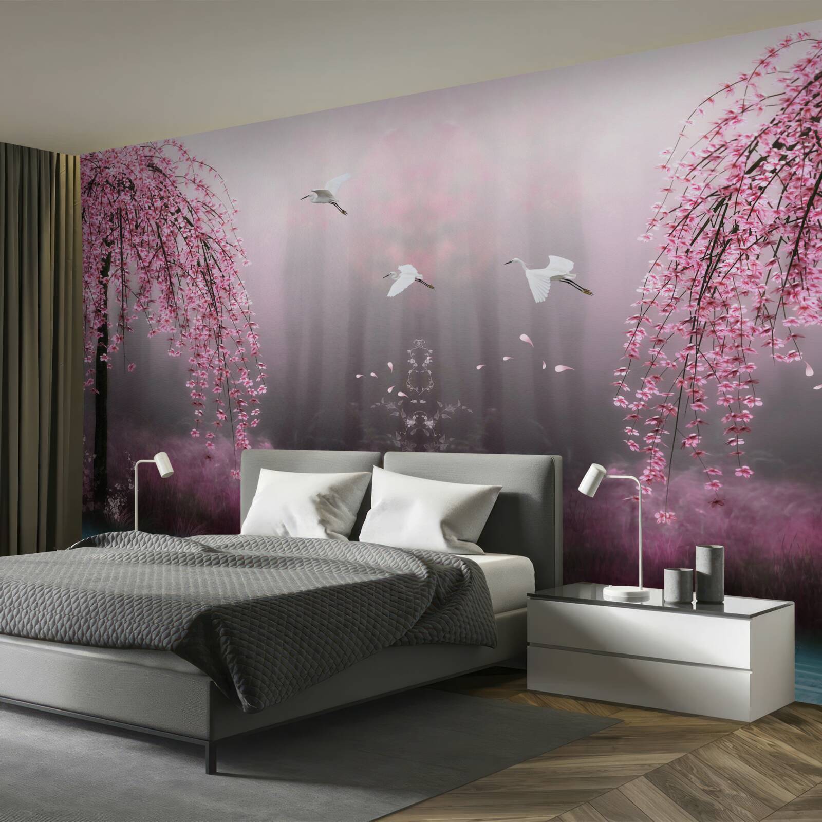 Фотошпалери Увечері, біля синюватої води, гілки сакури щільними рядами роблять пейзаж мальовничим