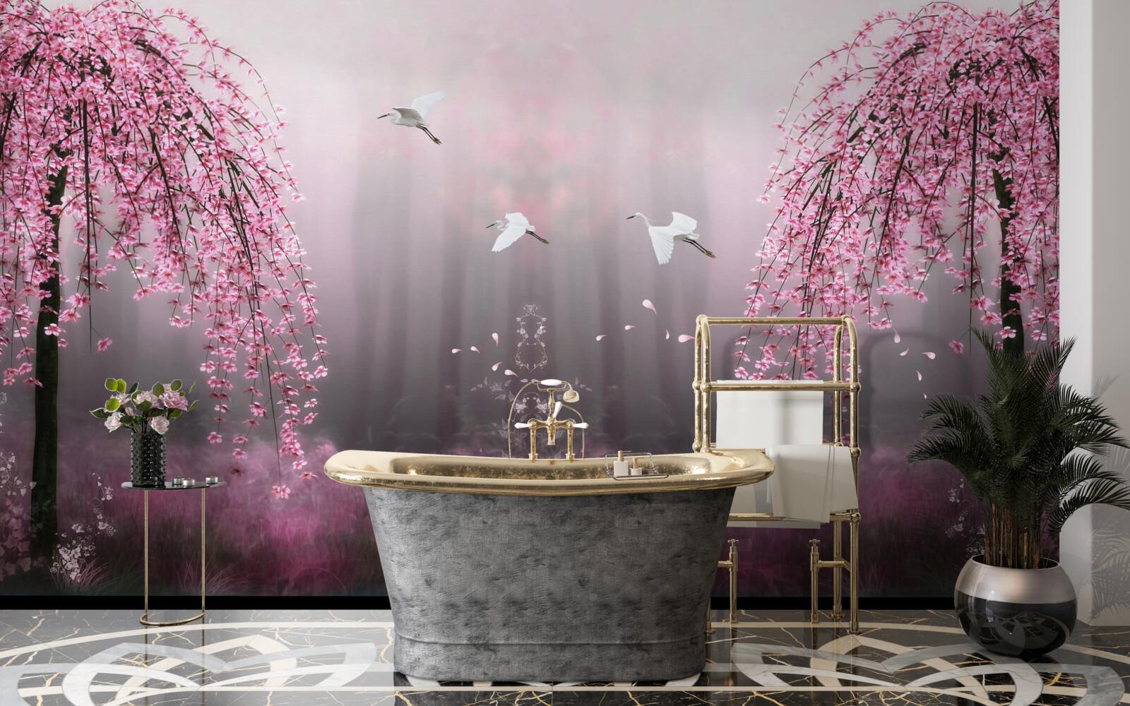 Фотошпалери Увечері, біля синюватої води, гілки сакури щільними рядами роблять пейзаж мальовничим