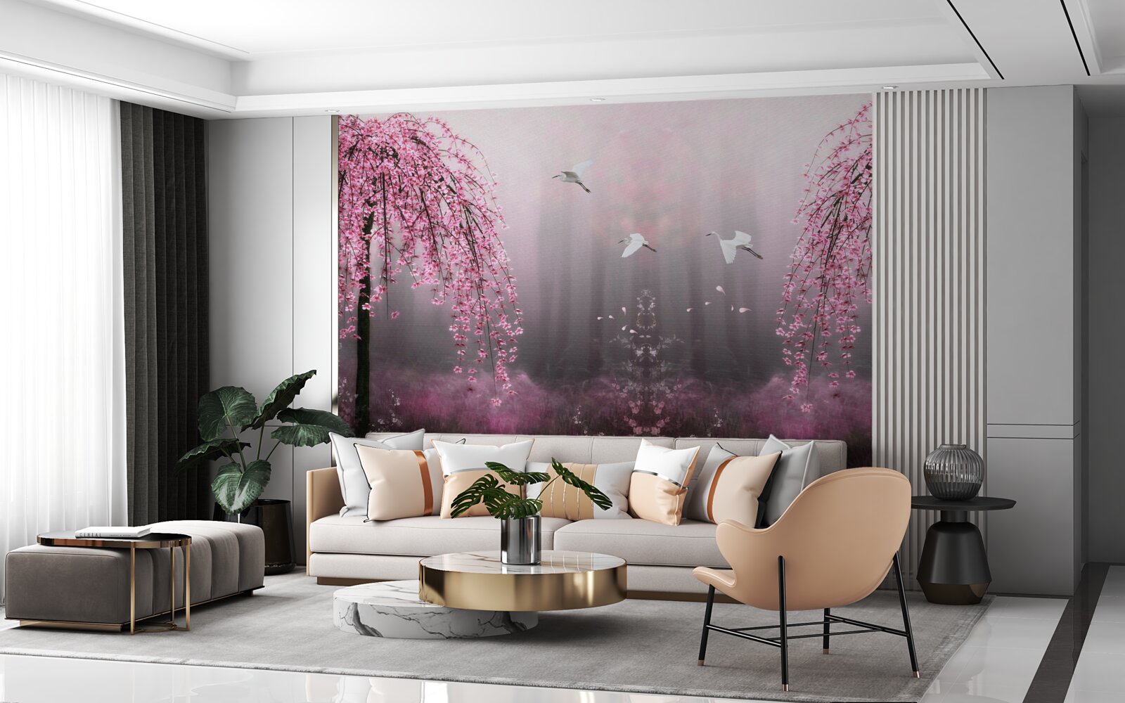 Фотошпалери Увечері, біля синюватої води, гілки сакури щільними рядами роблять пейзаж мальовничим