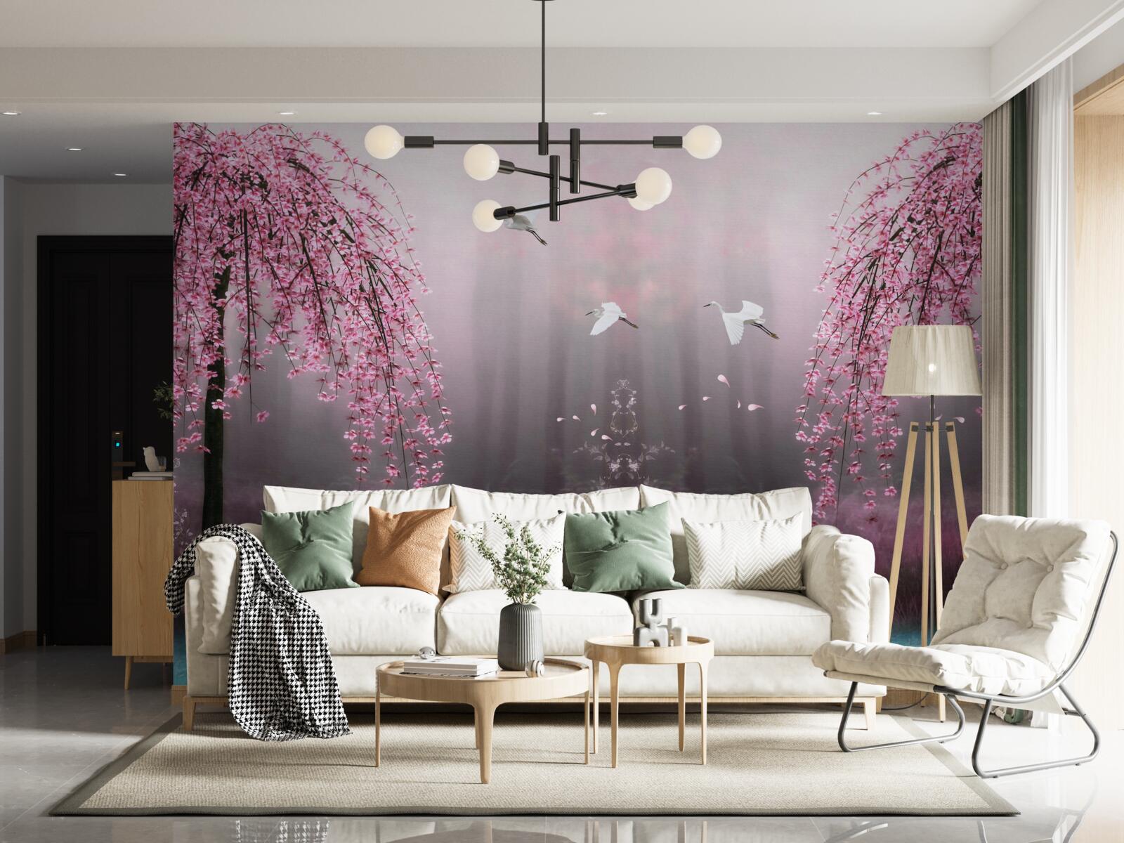 Фотошпалери Увечері, біля синюватої води, гілки сакури щільними рядами роблять пейзаж мальовничим