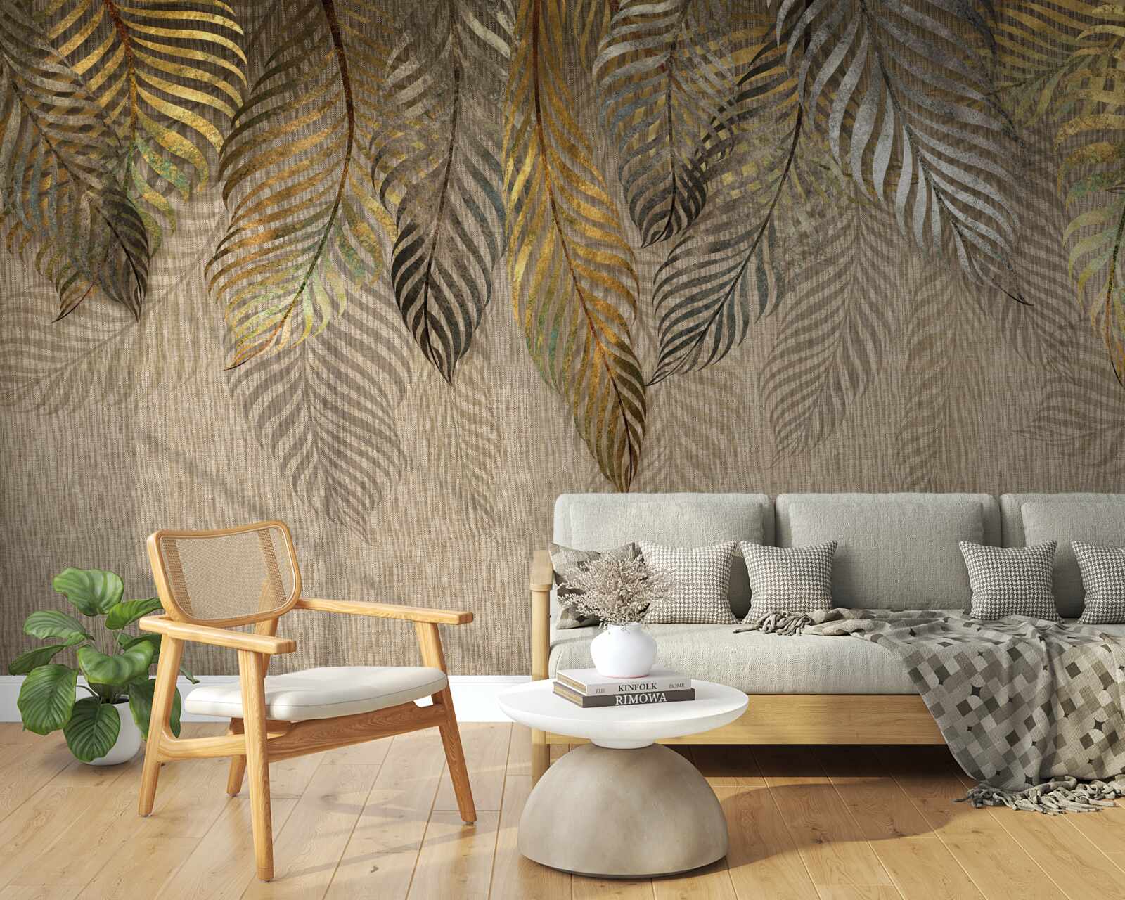 Фотошпалери золотисте листя папороті на коричневому тлі