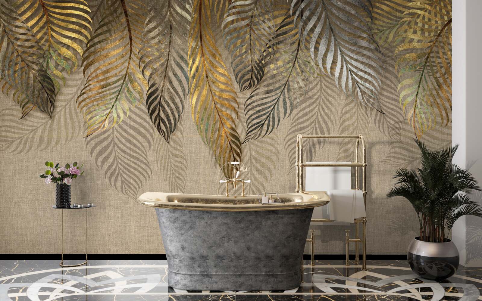 Фотошпалери золотисте листя папороті на коричневому тлі