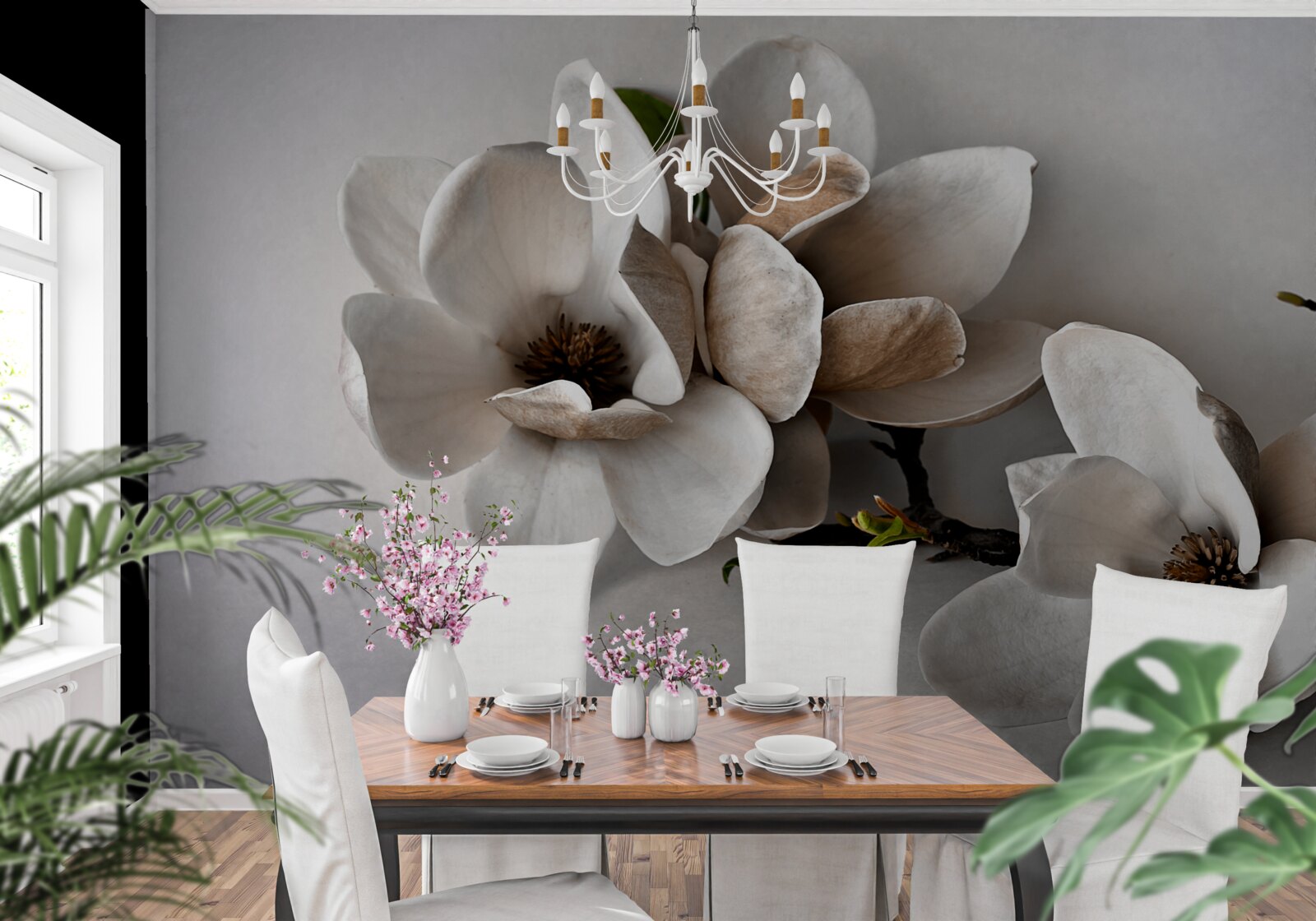 Фотошпалери гілки з білими квітами на сірому тлі