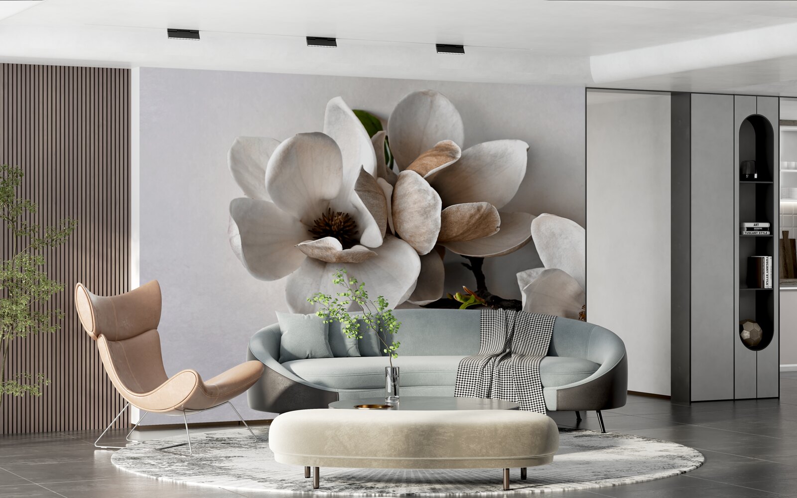 Фотошпалери гілки з білими квітами на сірому тлі