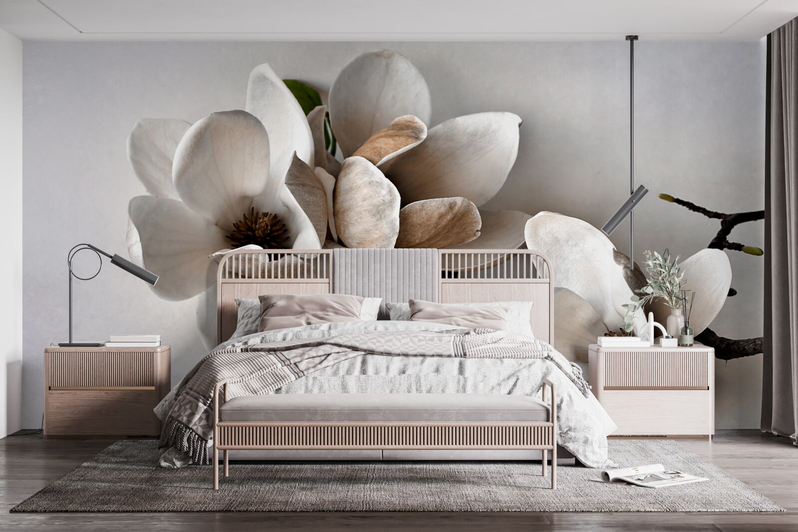 Фотошпалери гілки з білими квітами на сірому тлі