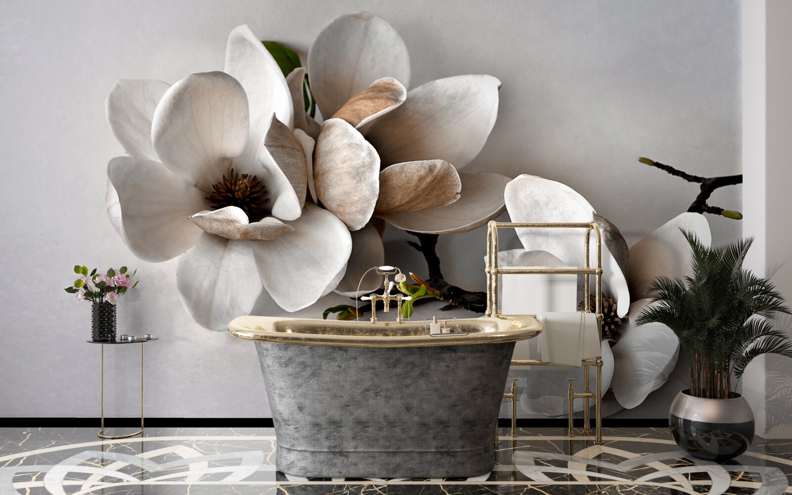 Фотошпалери гілки з білими квітами на сірому тлі