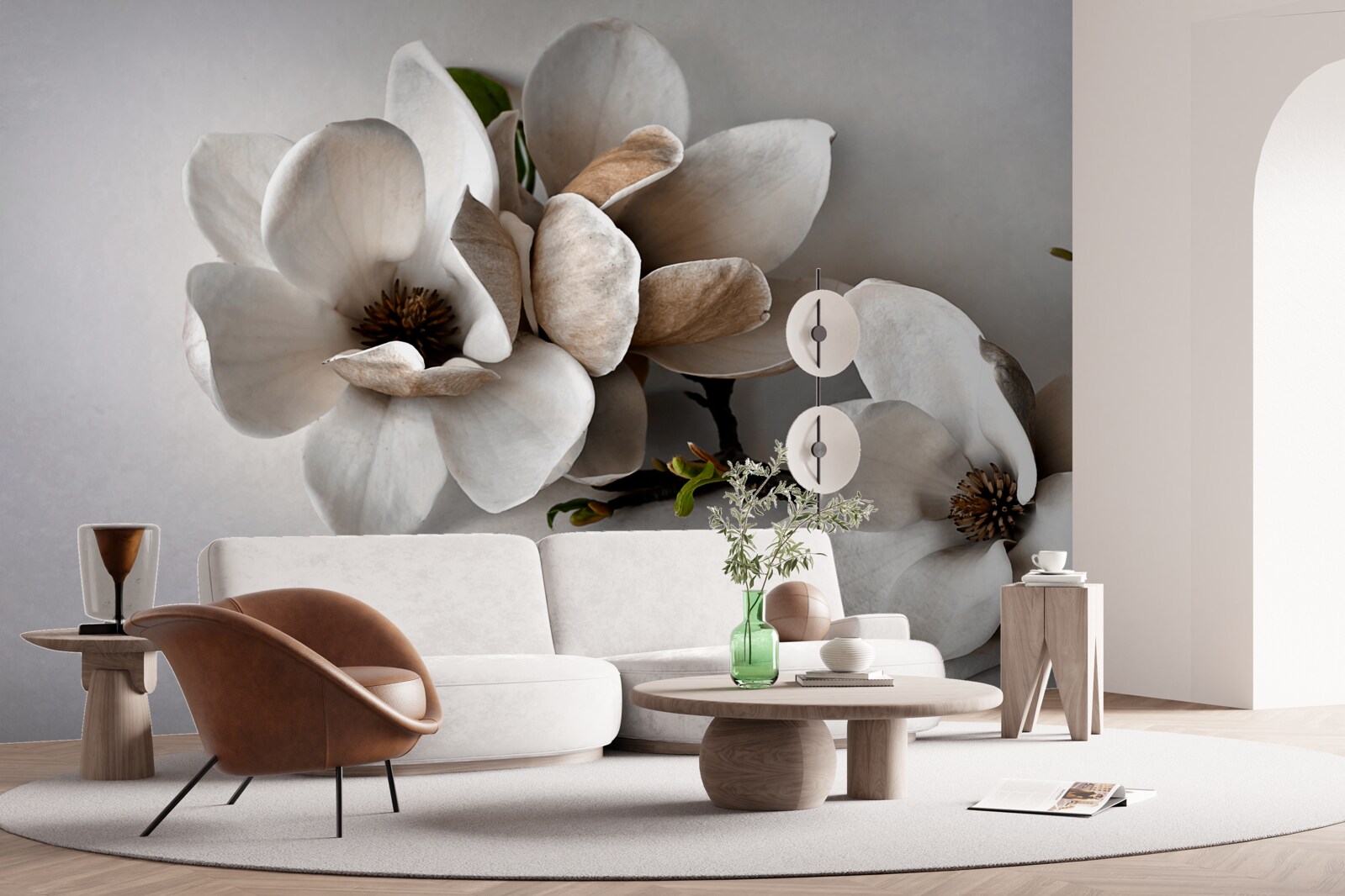 Фотошпалери гілки з білими квітами на сірому тлі