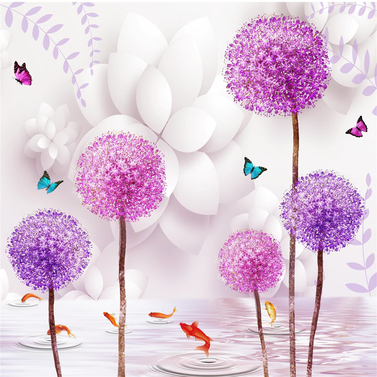 Фотошпалери фіолетові світлі багатоніжки біля води з метеликами