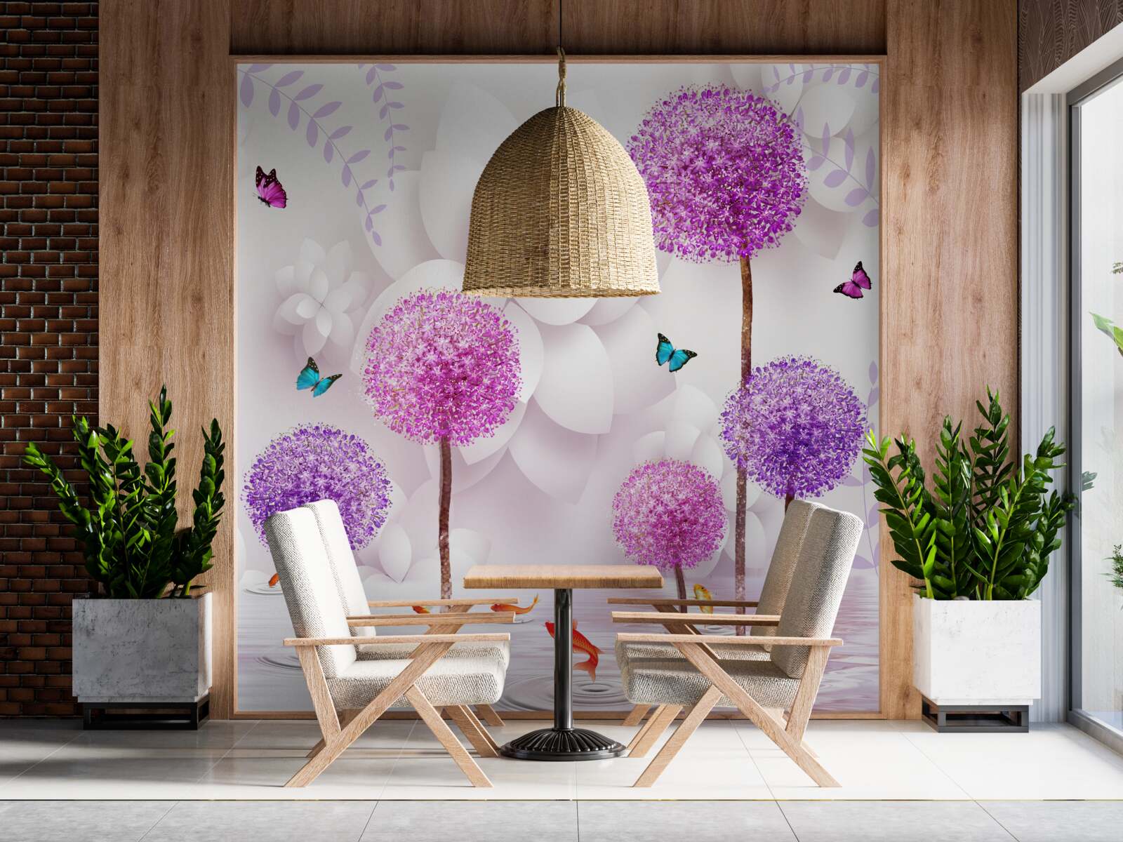 Фотошпалери фіолетові світлі багатоніжки біля води з метеликами