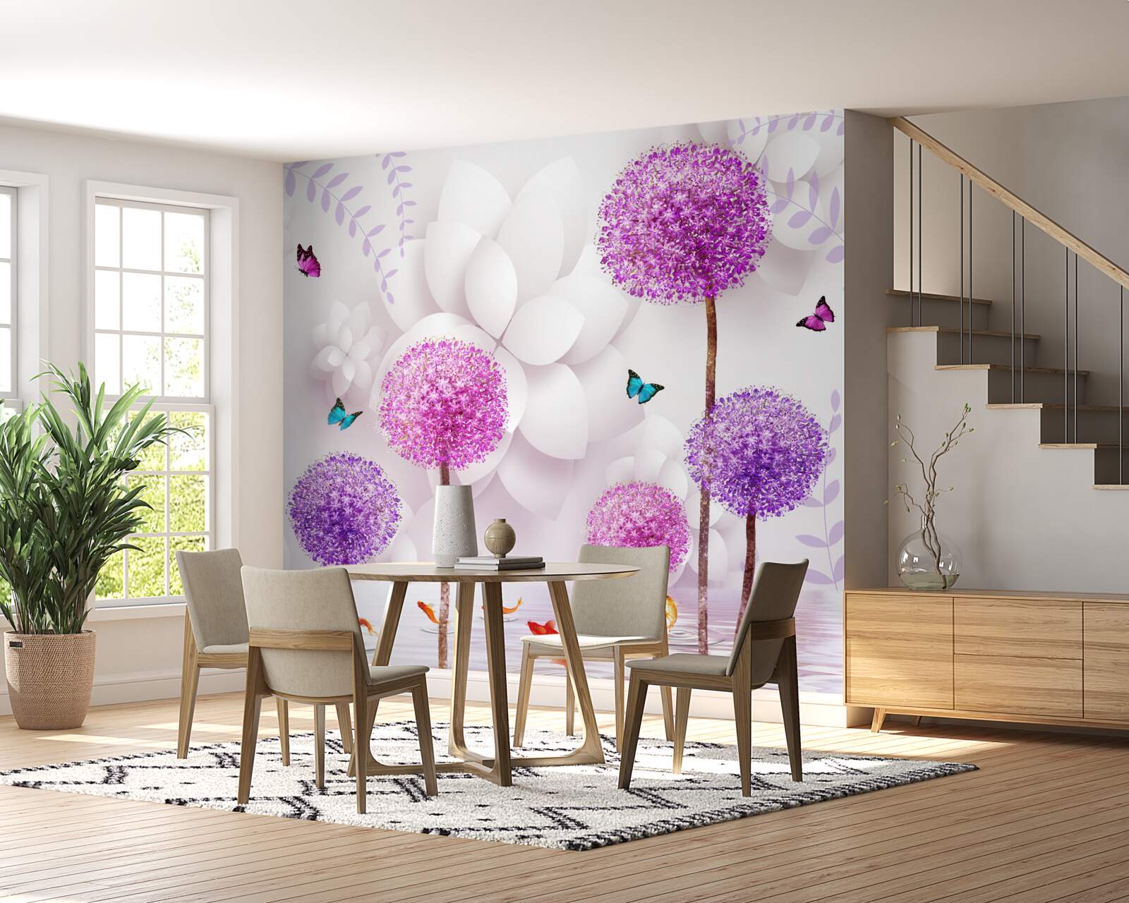 Фотошпалери фіолетові світлі багатоніжки біля води з метеликами