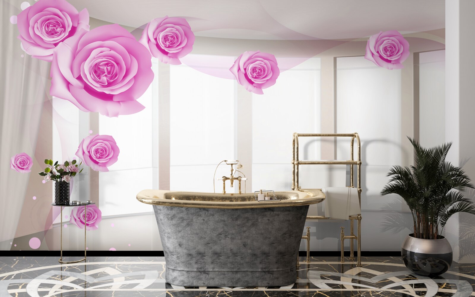 Фотошпалери на просторому балконі зацвіли рожеві троянди