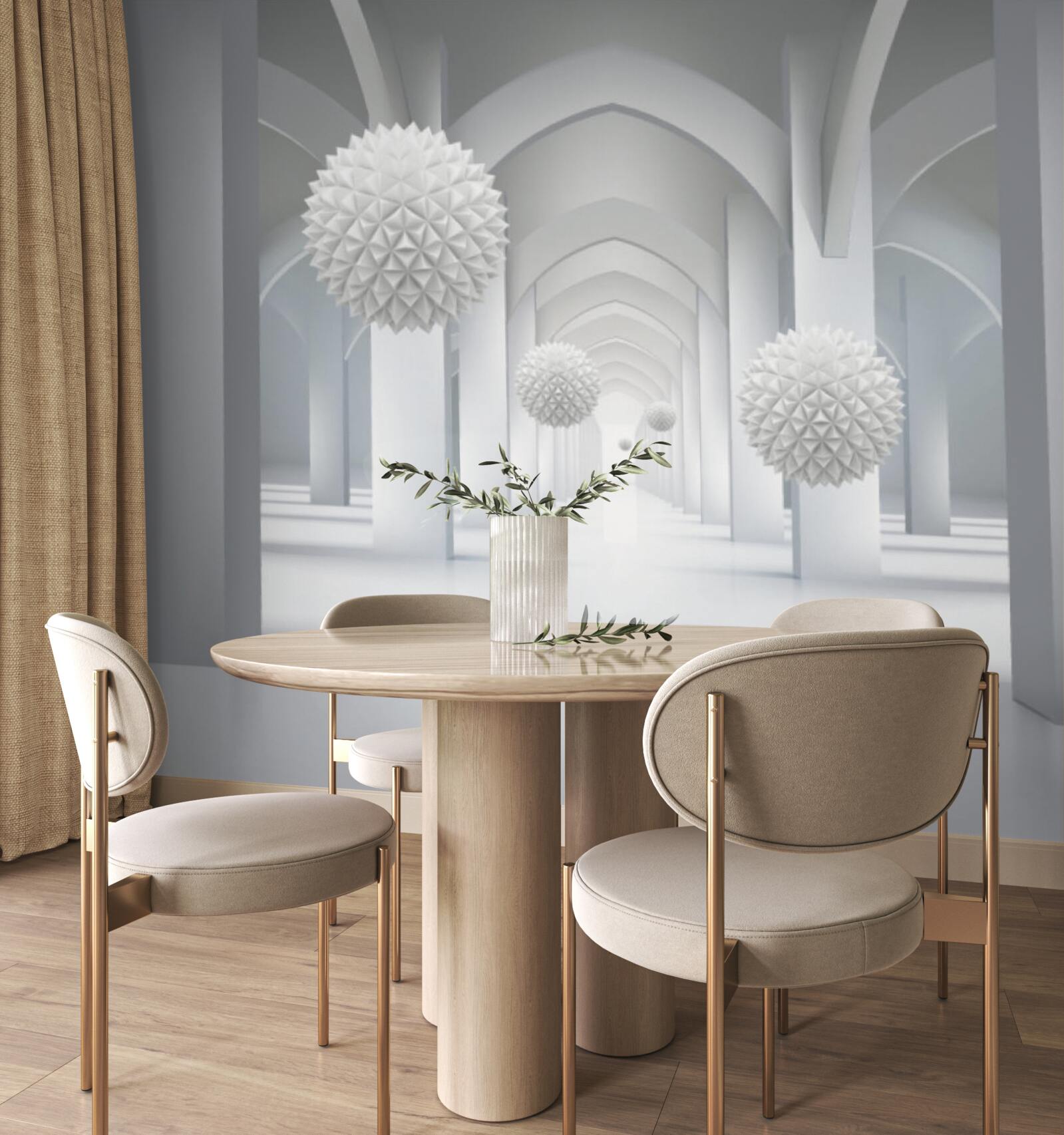 Фотошпалери абстрактний з геометричними дугами та левітуючими сферами