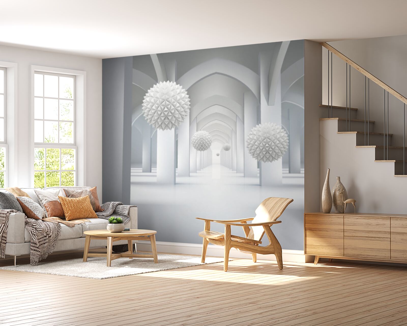 Фотошпалери абстрактний з геометричними дугами та левітуючими сферами