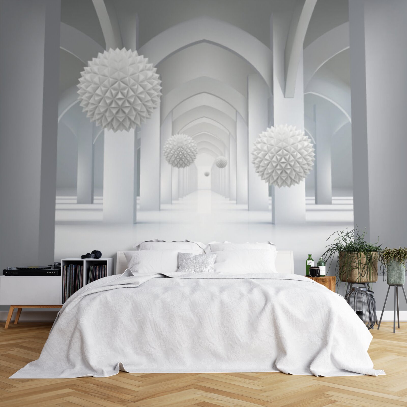 Фотошпалери абстрактний з геометричними дугами та левітуючими сферами