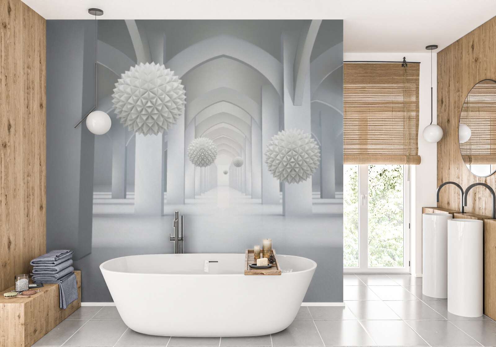 Фотошпалери абстрактний з геометричними дугами та левітуючими сферами