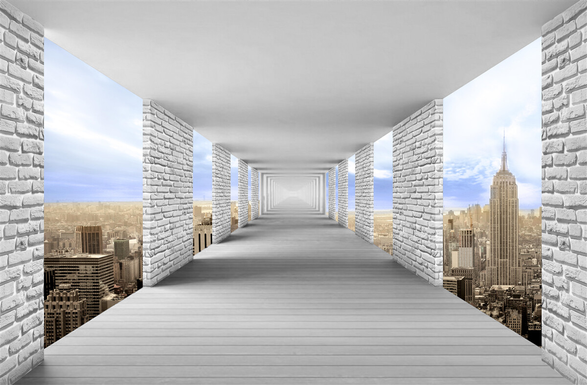 Фотошпалери коридор з видом на місто в абстрактному стилі