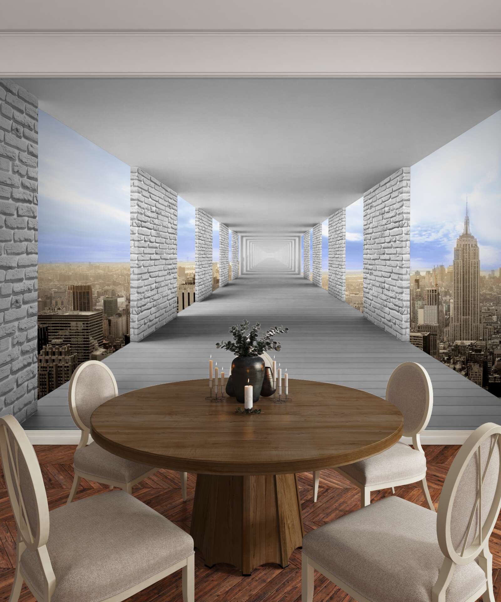 Фотошпалери коридор з видом на місто в абстрактному стилі