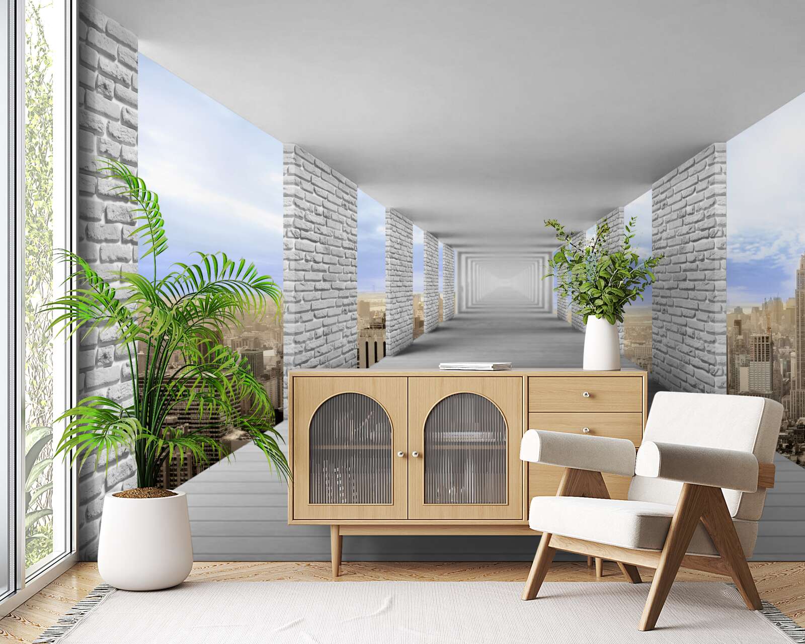 Фотошпалери коридор з видом на місто в абстрактному стилі