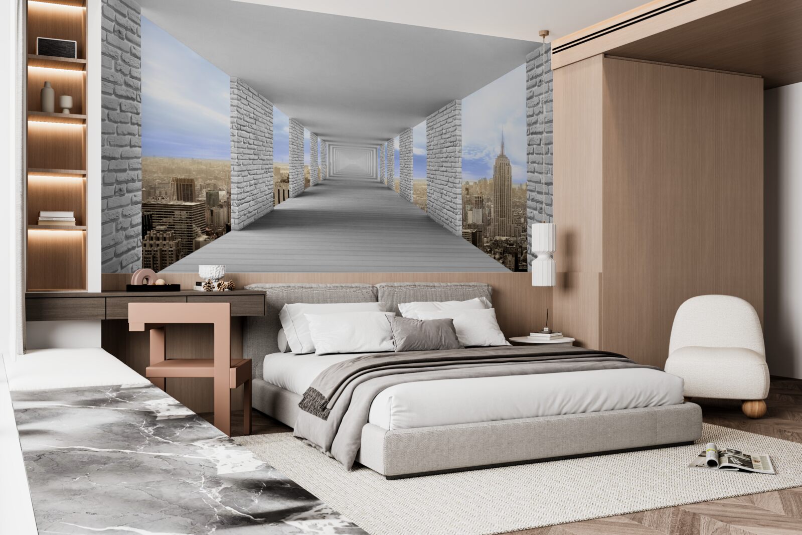 Фотошпалери коридор з видом на місто в абстрактному стилі