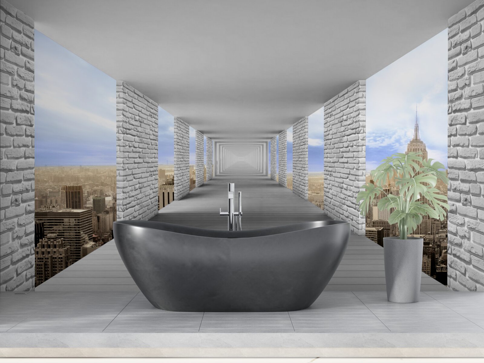 Фотошпалери коридор з видом на місто в абстрактному стилі