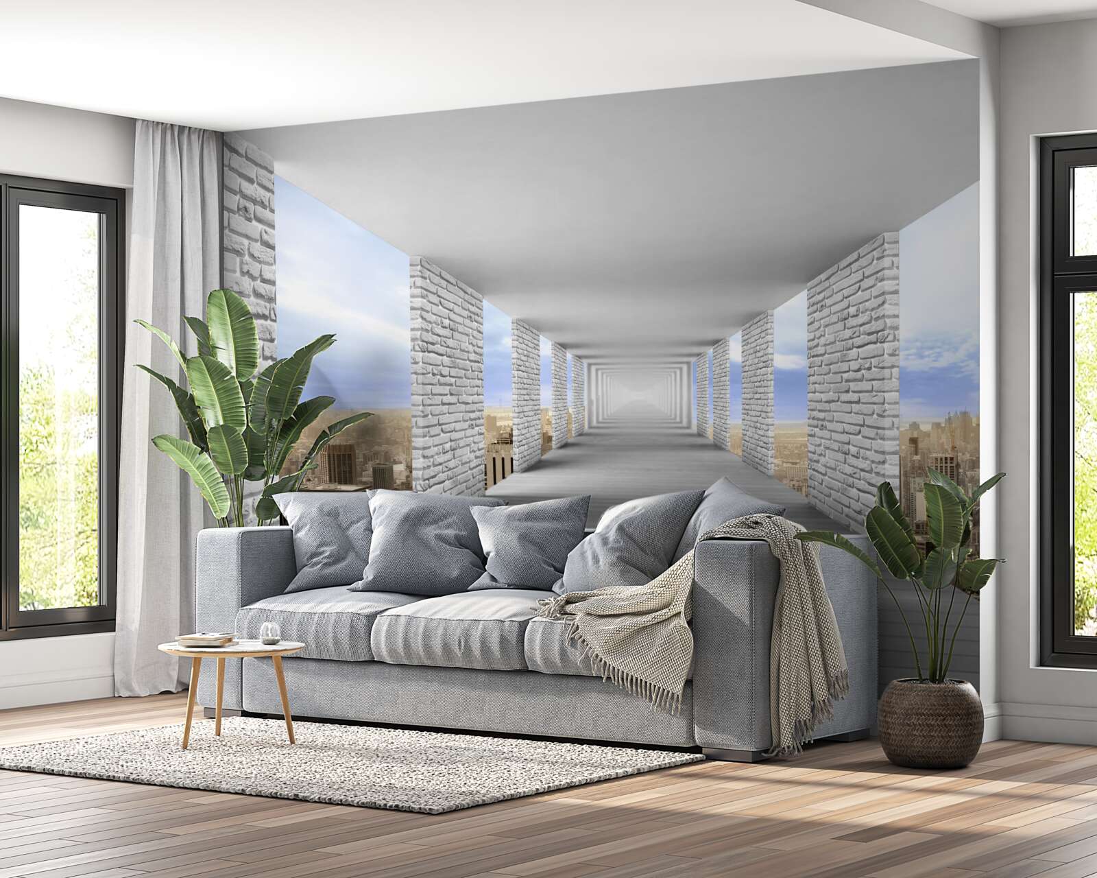 Фотошпалери коридор з видом на місто в абстрактному стилі