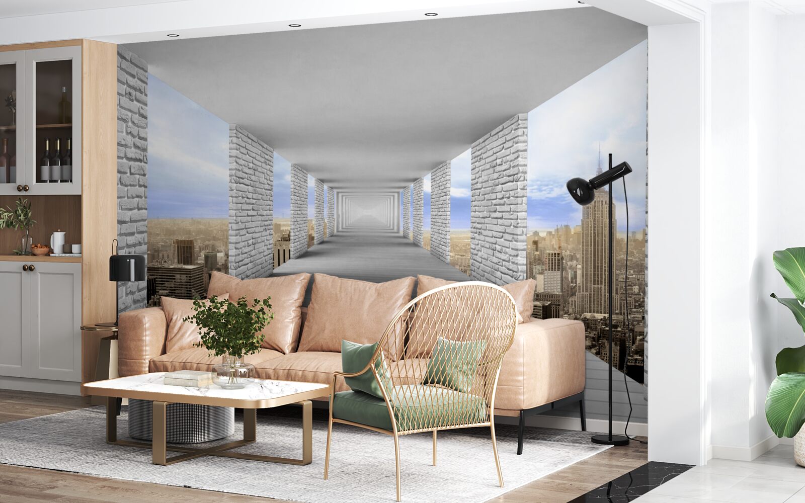 Фотошпалери коридор з видом на місто в абстрактному стилі