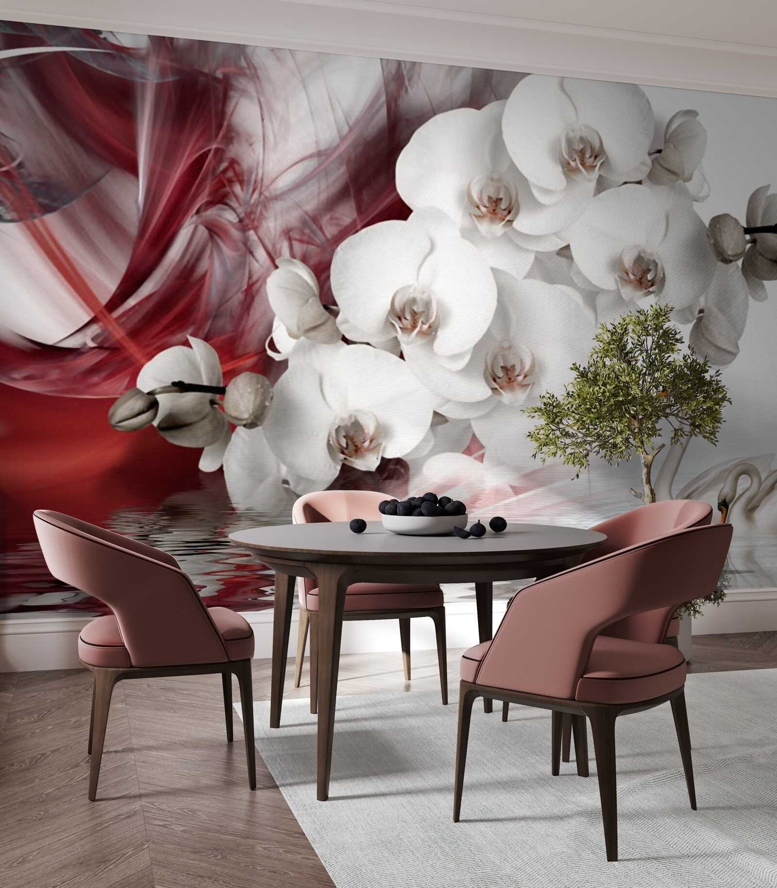 Фотошпалери орхідеї з білими бутонами біля ставка з лебедями