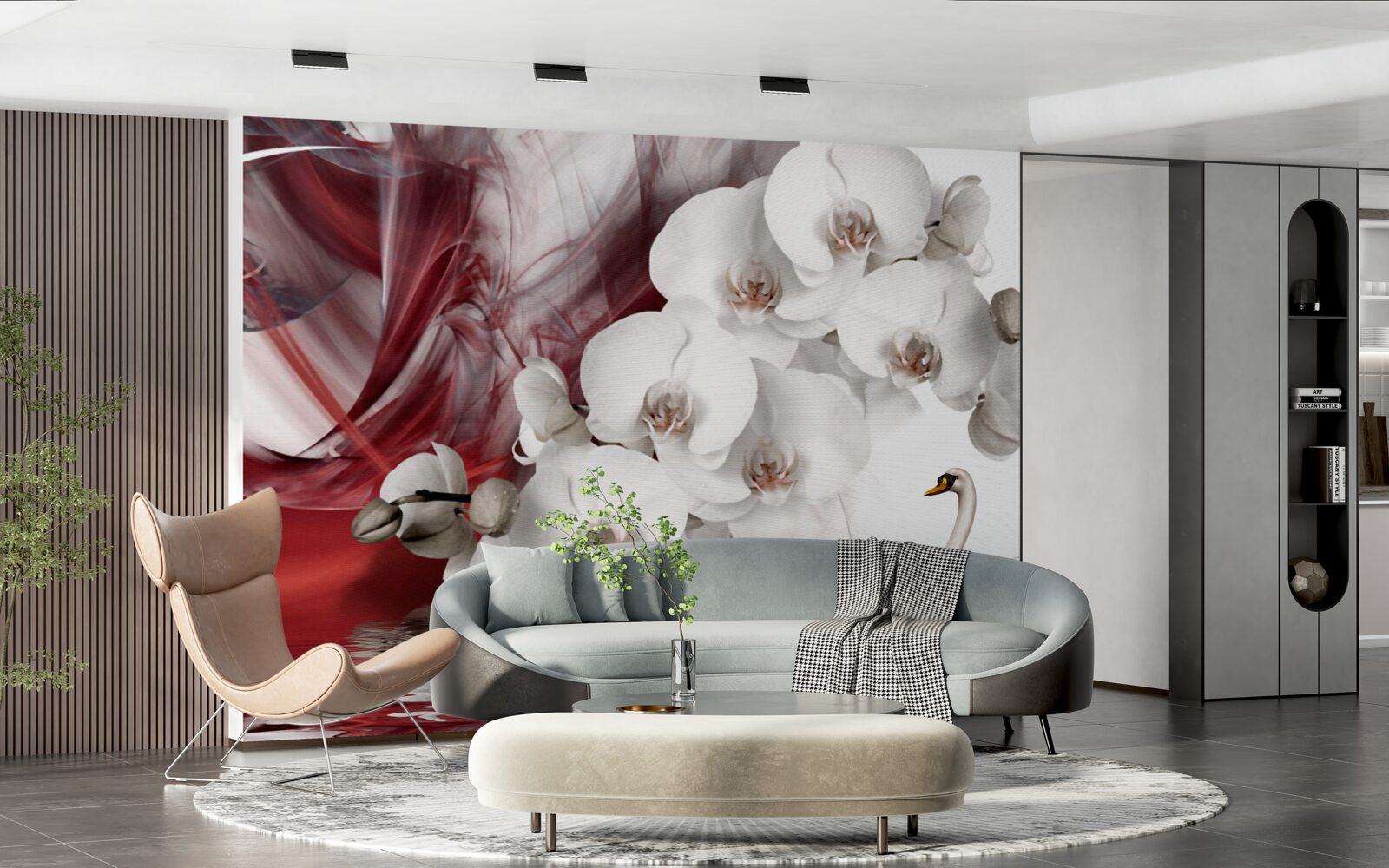 Фотошпалери орхідеї з білими бутонами біля ставка з лебедями