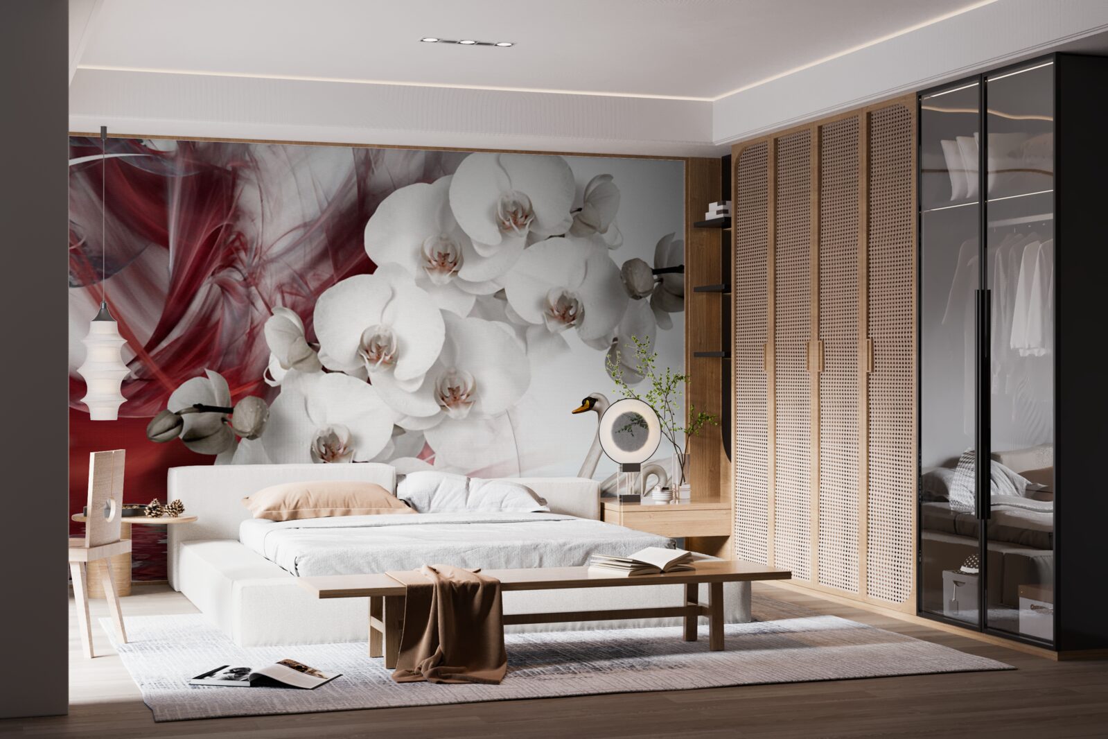 Фотошпалери орхідеї з білими бутонами біля ставка з лебедями