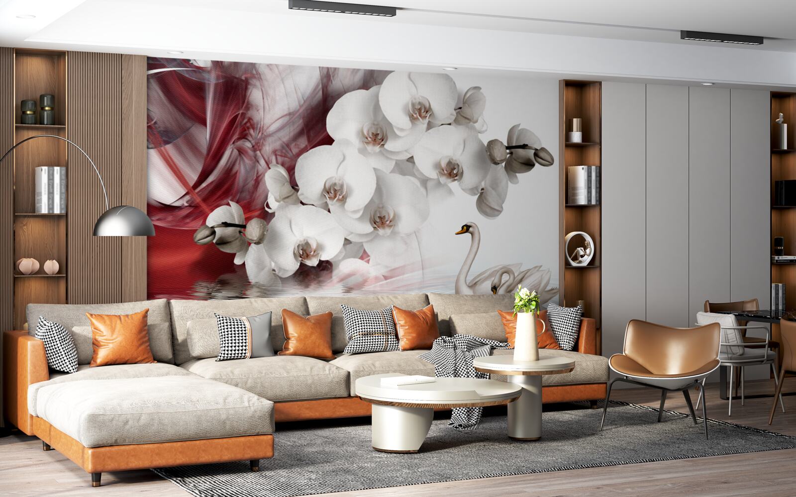 Фотошпалери орхідеї з білими бутонами біля ставка з лебедями