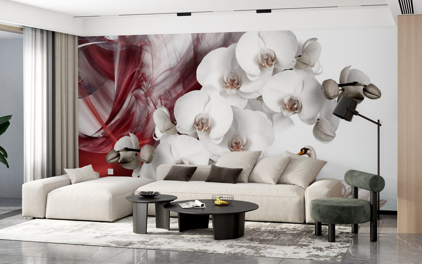 Фотошпалери орхідеї з білими бутонами біля ставка з лебедями