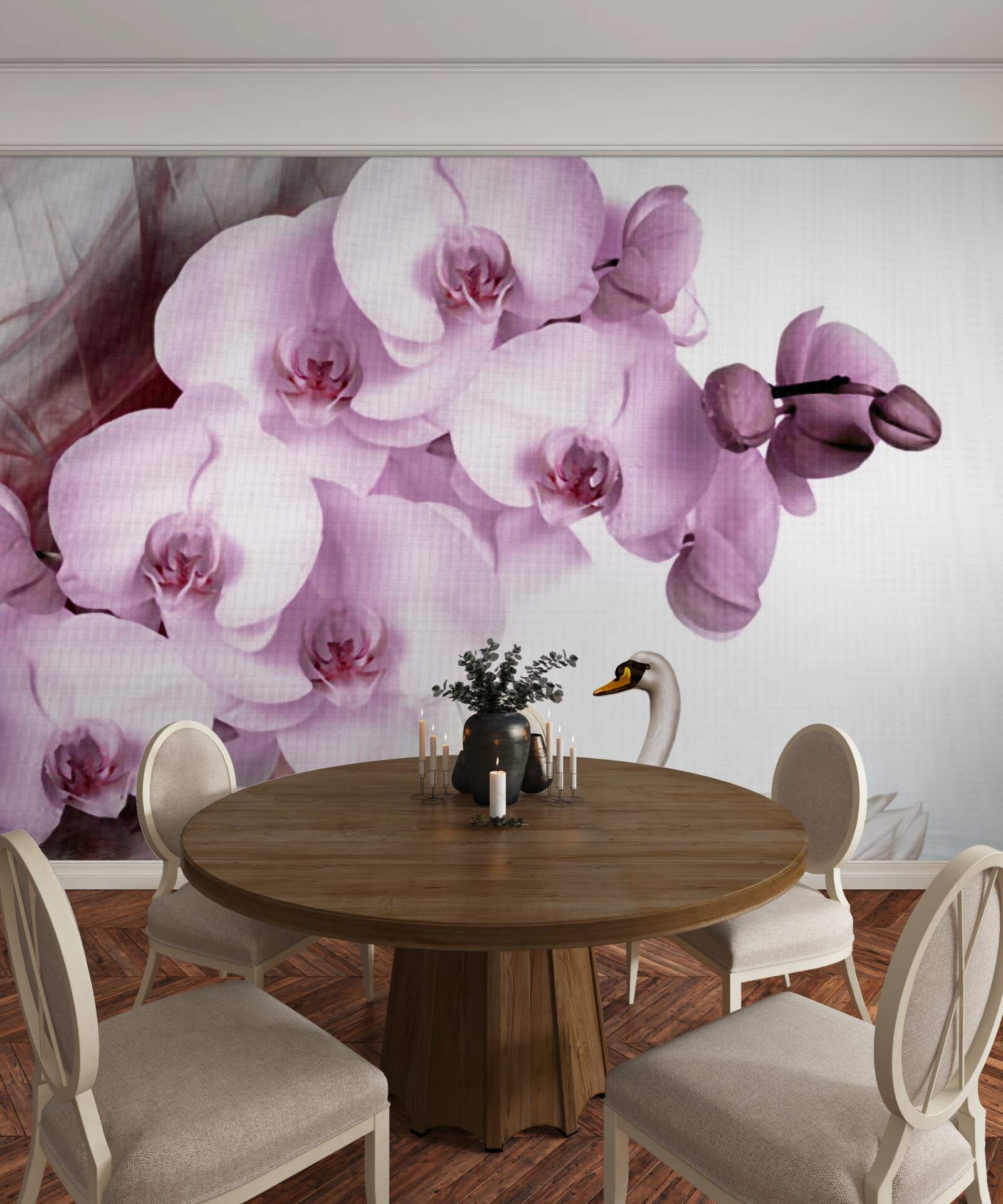 Фотошпалери лебеді на поверхні води та ніжна бузкова квітка орхідеї