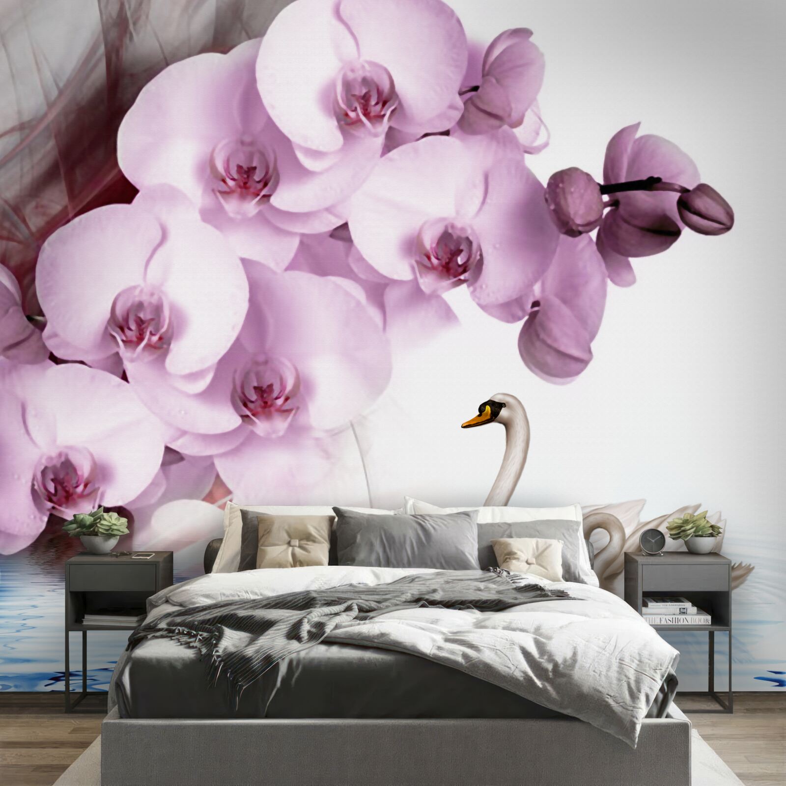 Фотошпалери лебеді на поверхні води та ніжна бузкова квітка орхідеї