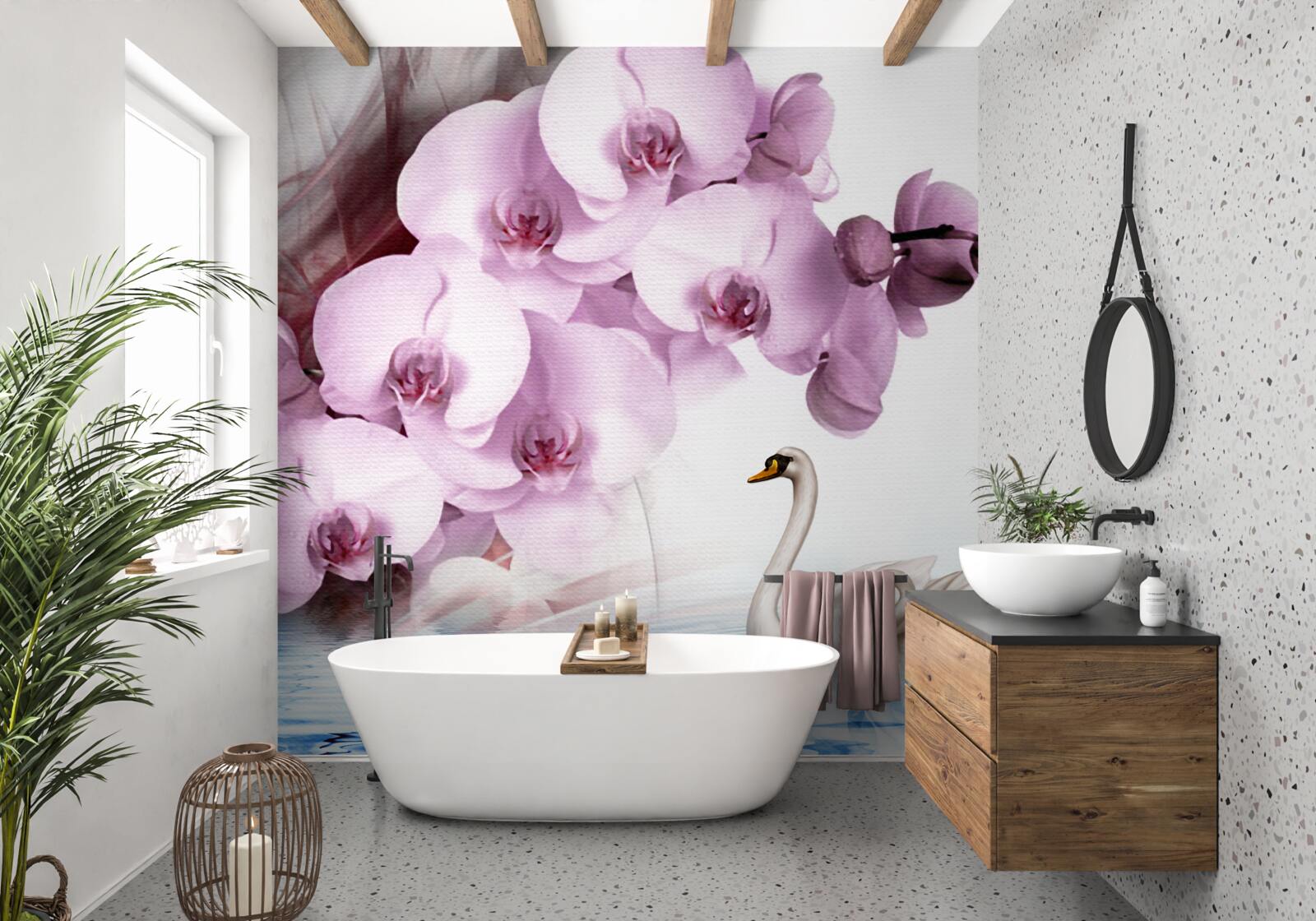 Фотошпалери лебеді на поверхні води та ніжна бузкова квітка орхідеї