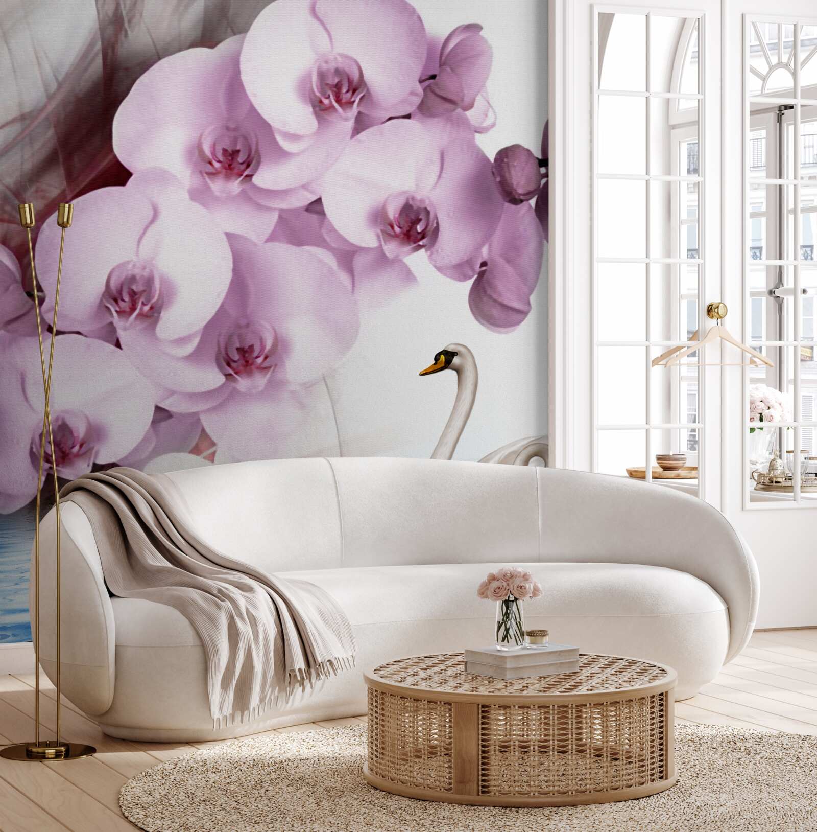 Фотошпалери лебеді на поверхні води та ніжна бузкова квітка орхідеї