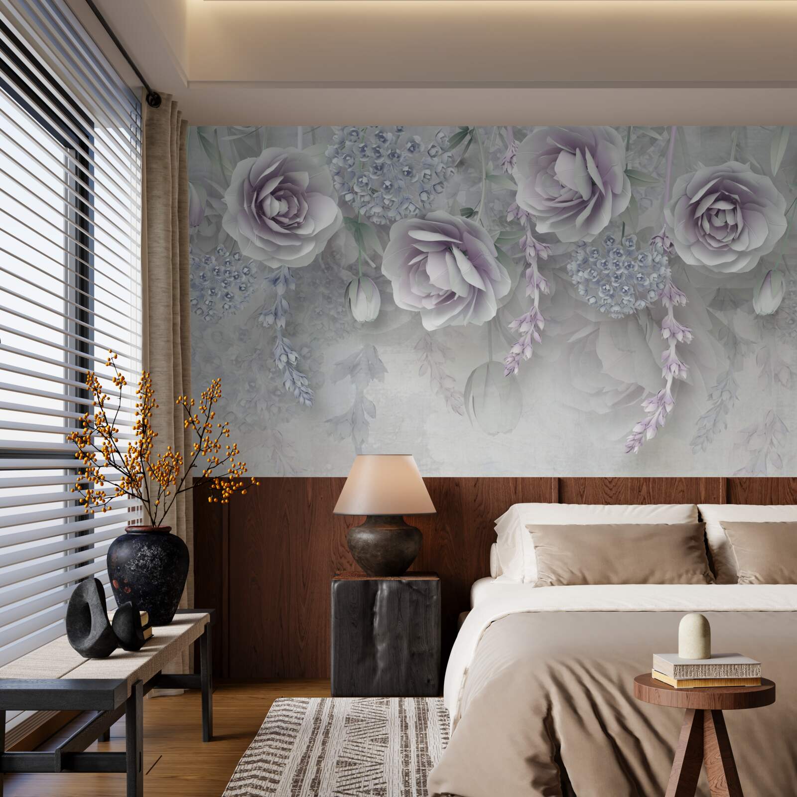 Фотошпалери яскраві троянди на сірому тлі