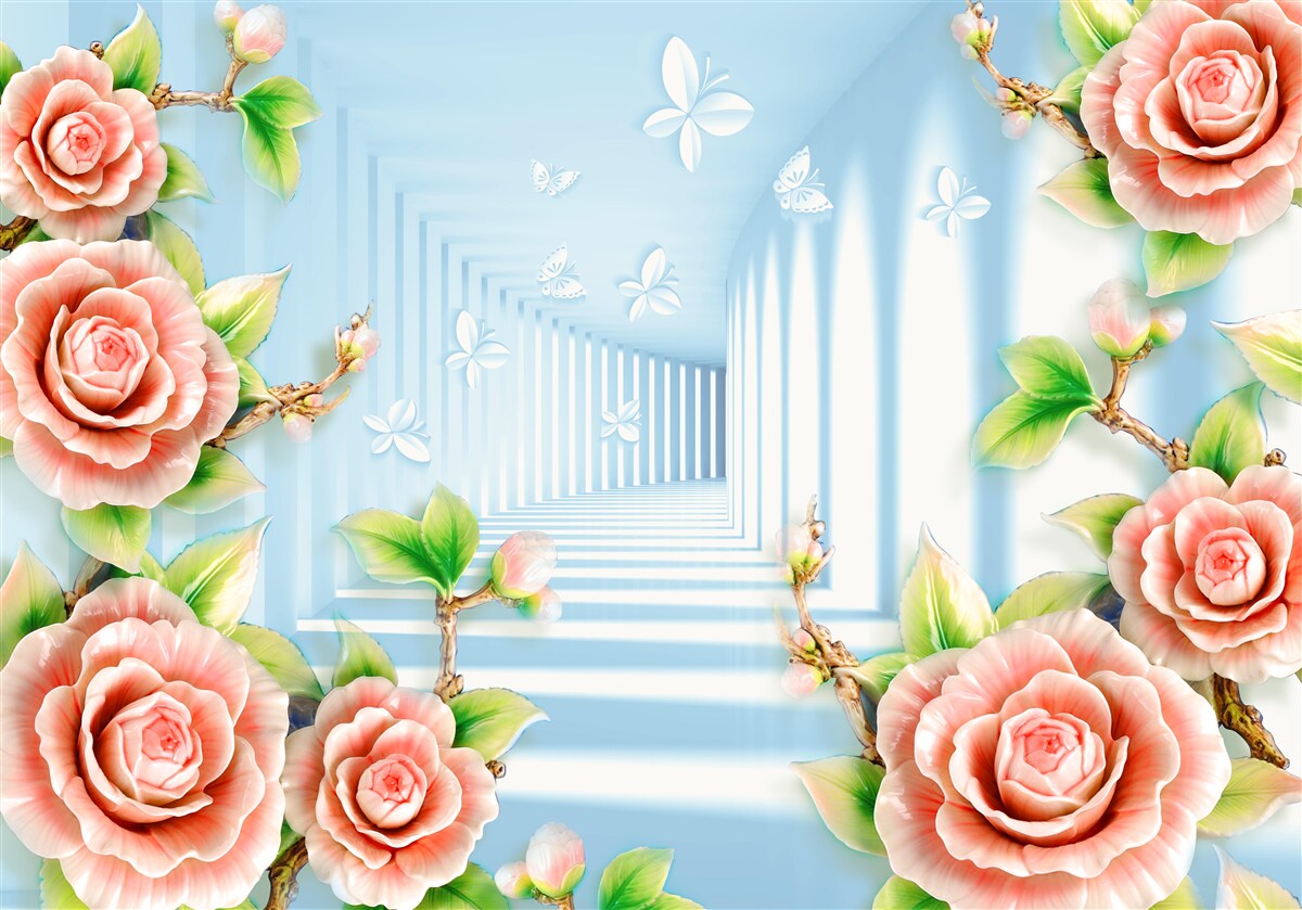Фотошпалери блакитний тунель, наповнений рожевими трояндами