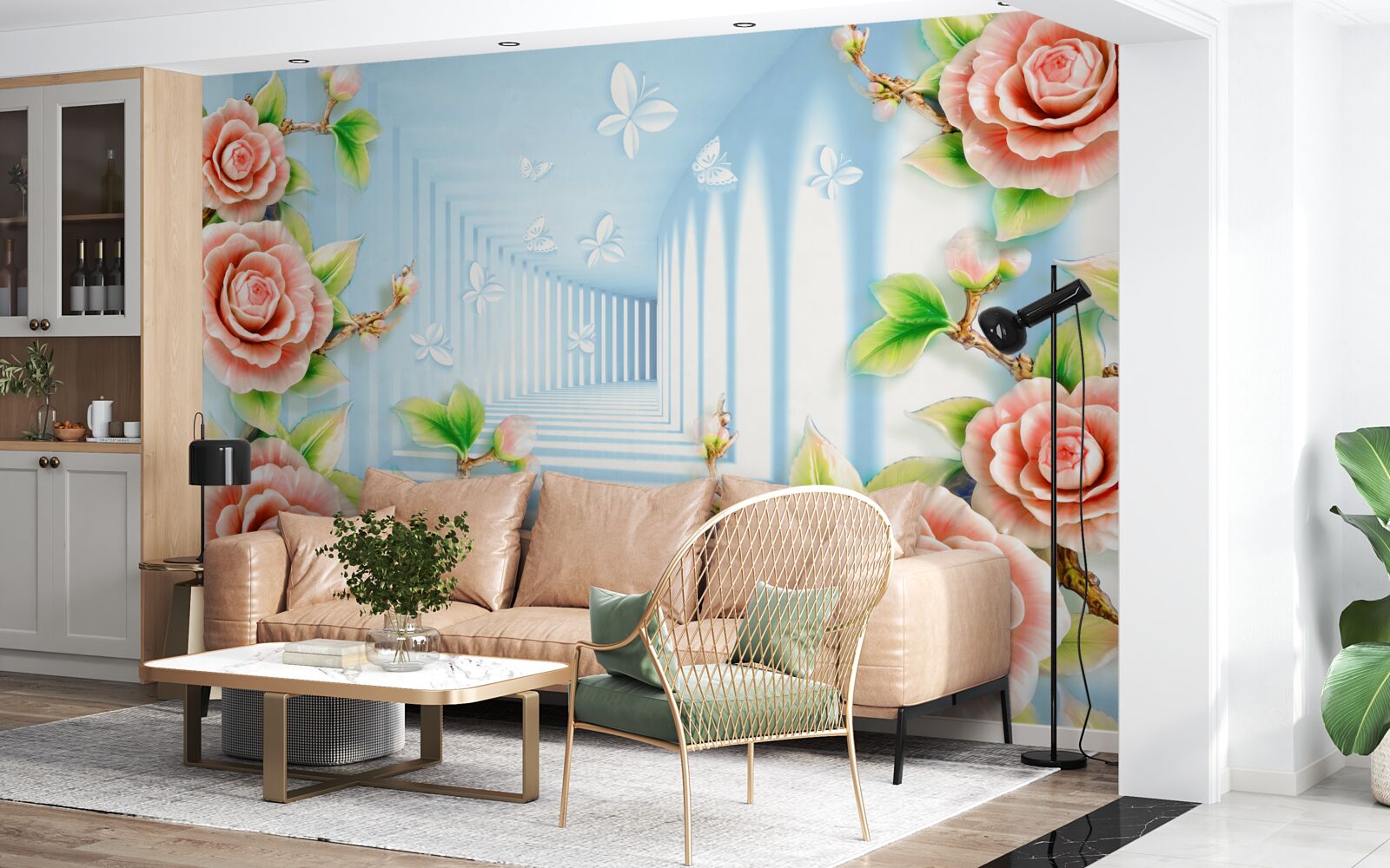 Фотошпалери блакитний тунель, наповнений рожевими трояндами