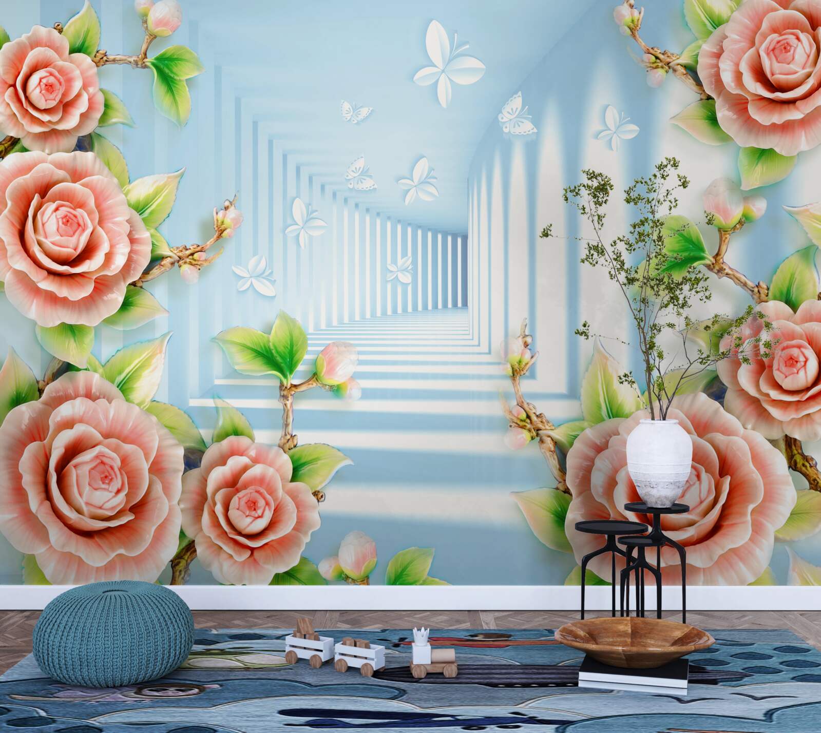 Фотошпалери блакитний тунель, наповнений рожевими трояндами