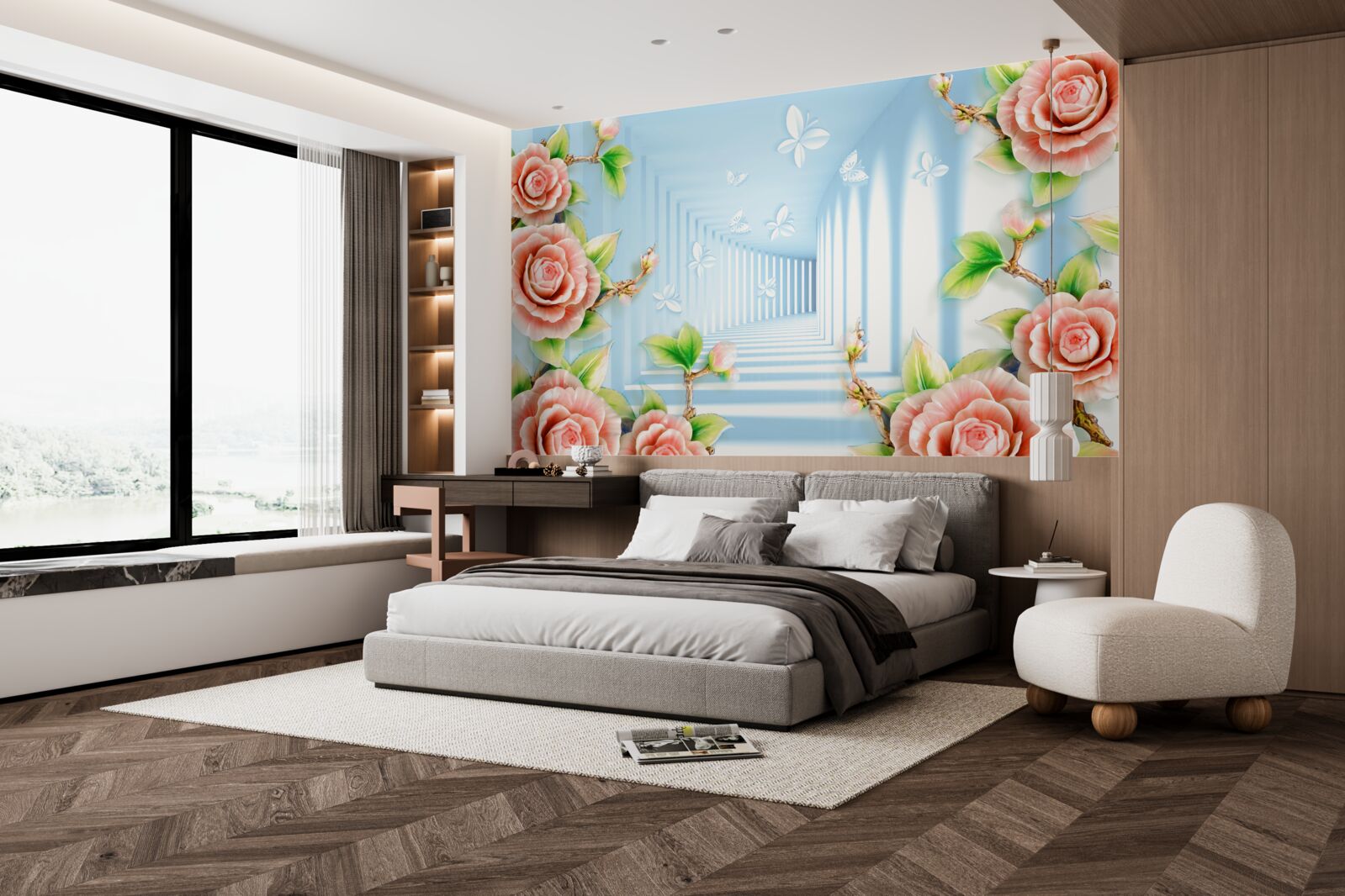 Фотошпалери блакитний тунель, наповнений рожевими трояндами