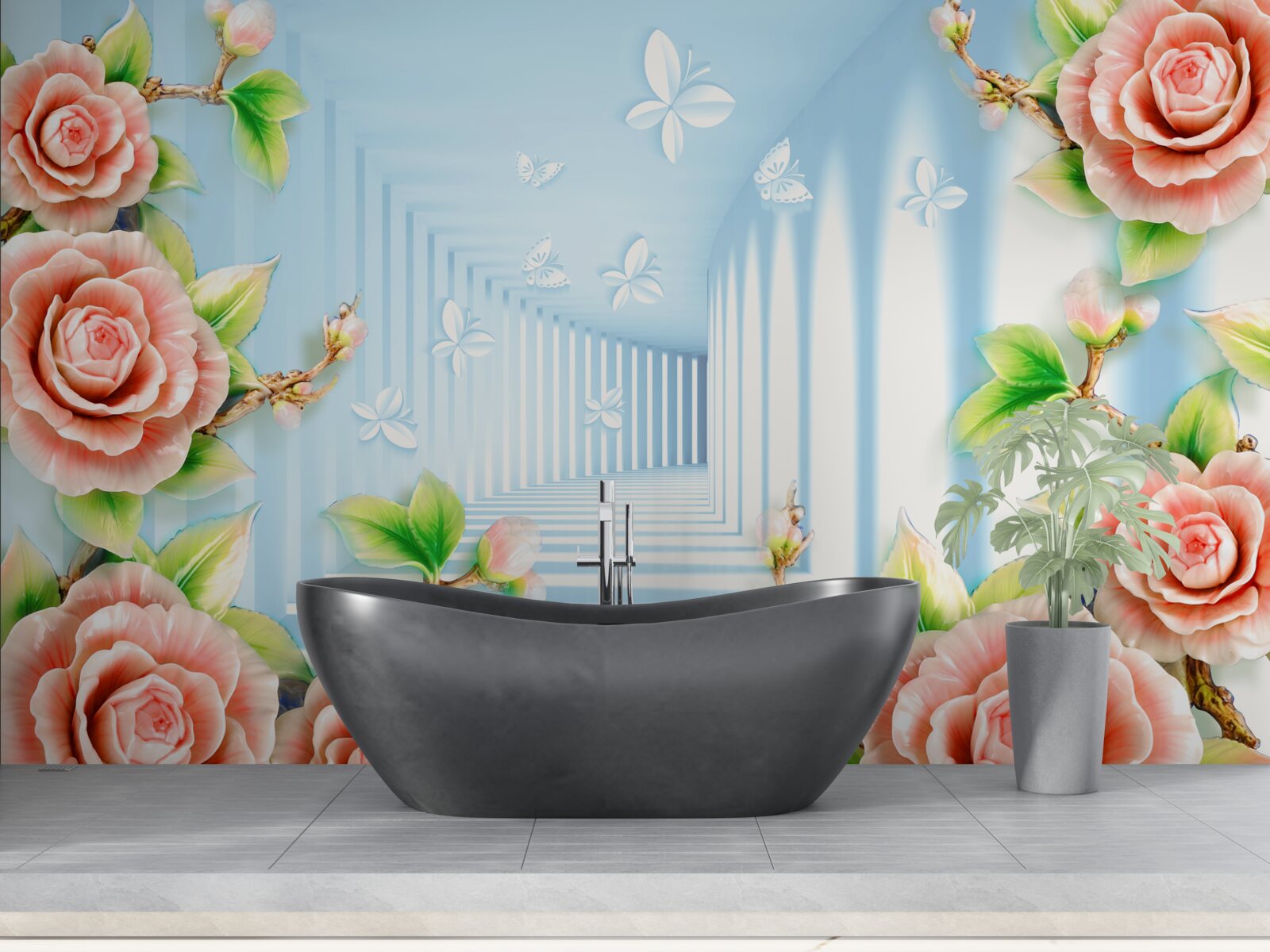 Фотошпалери блакитний тунель, наповнений рожевими трояндами