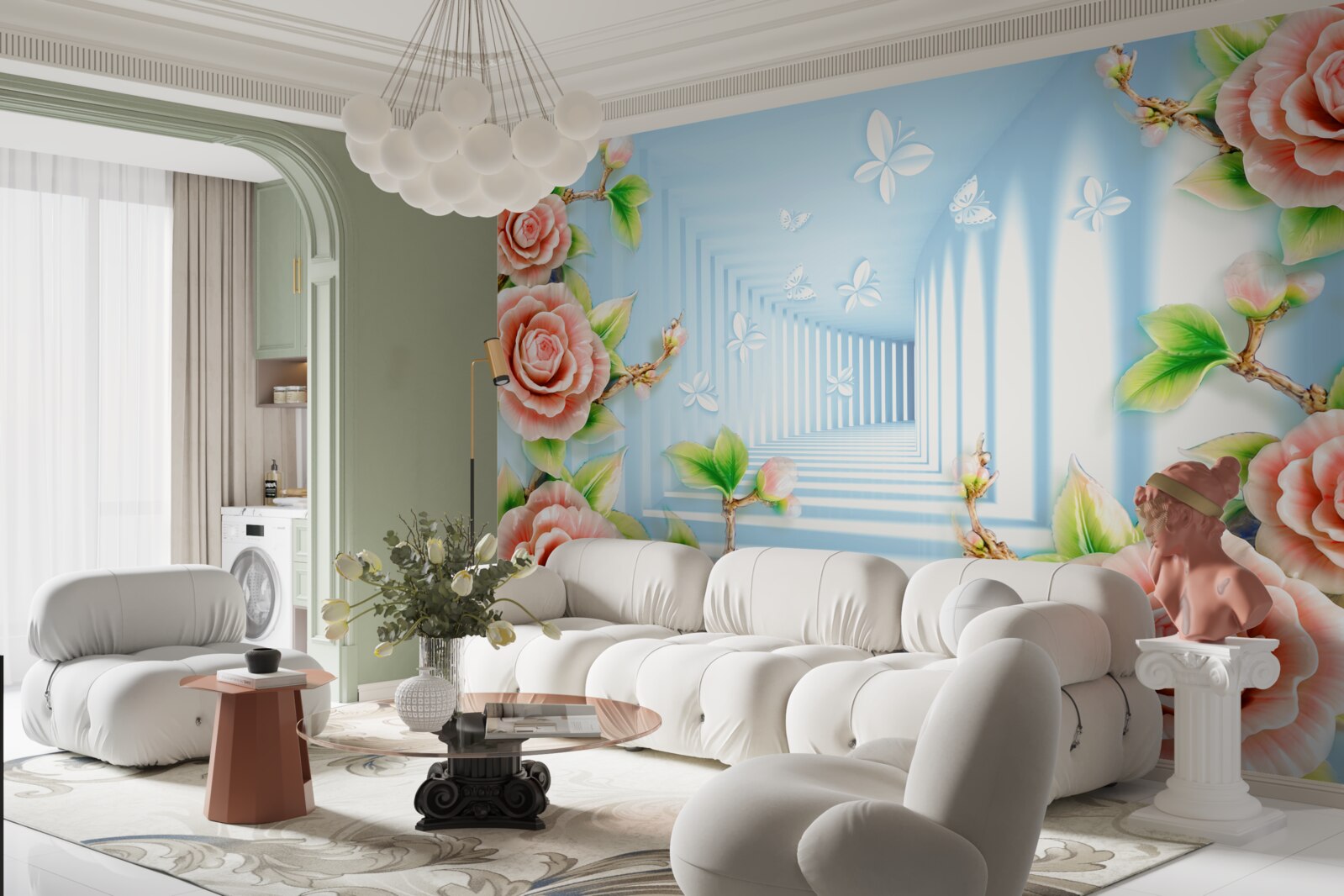 Фотошпалери блакитний тунель, наповнений рожевими трояндами