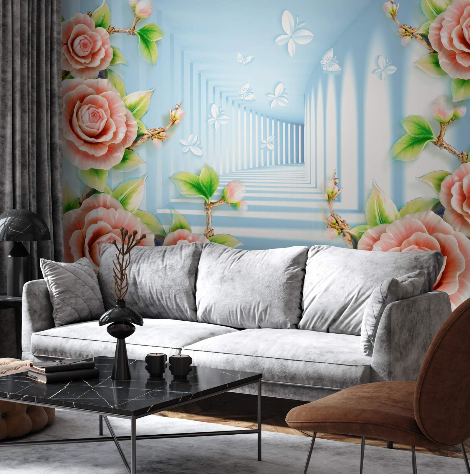 Фотошпалери блакитний тунель, наповнений рожевими трояндами