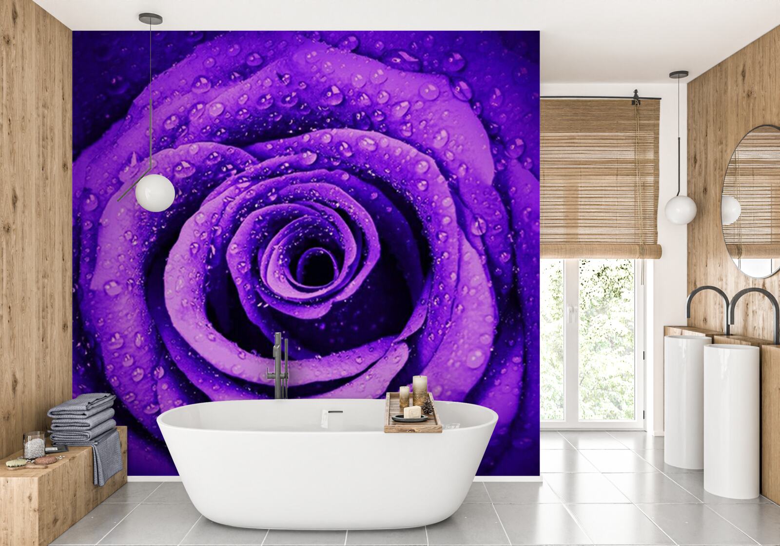 Фотошпалери крупним планом фіолетова троянда, вкрита краплями дощу