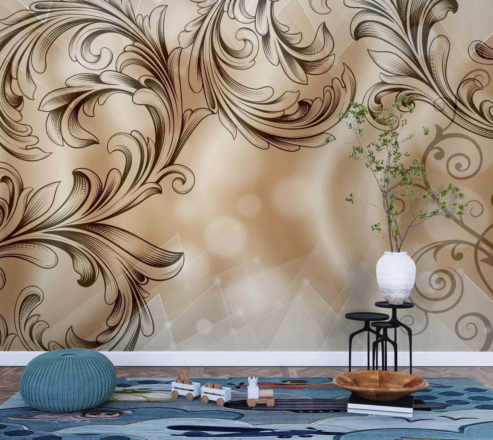 Фотошпалери рослини з ажурним візерунком на коричневому тлі